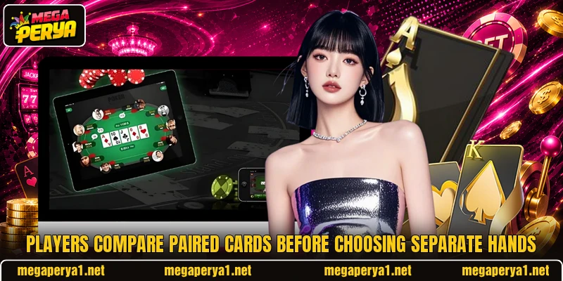Players compare paired cards before choosing separate hands Players compare paired cards before choosing separate hands