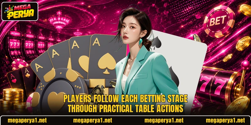 Players follow each betting stage through practical table actions